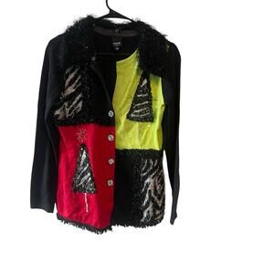 Berek Christmas Cardigan Sweater Womens Size L Tree Black Embroidered